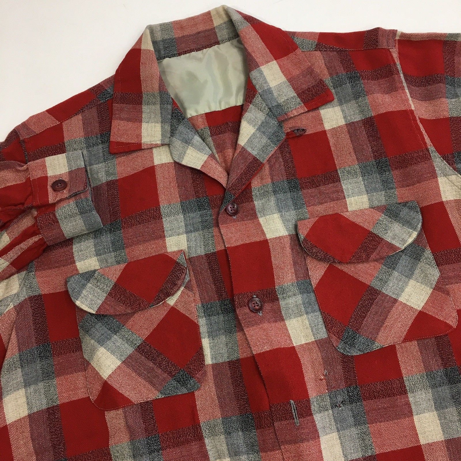 Vintage 50's Men Shadow Plaid Wool Blend Flannel Loop Collar Flap Pocket Rockabilly Hipster Shirt L
