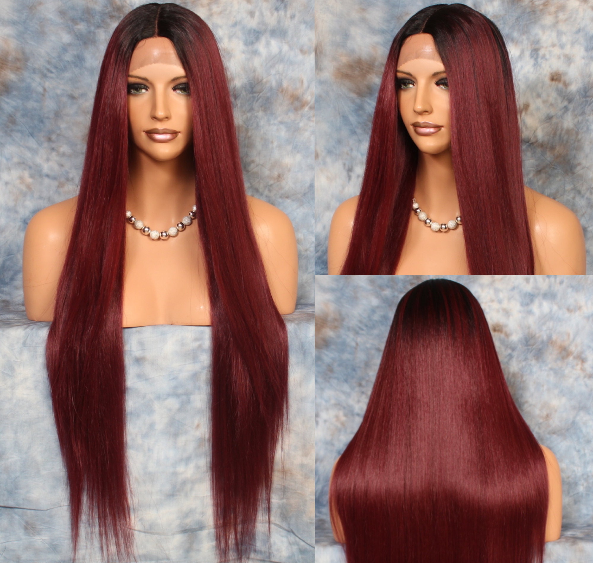 45 Human Hair Blend Lace Front Wig Hand Tied Center Part Straight Heat Safe Solid Burgundy Mix Cancer/Alopecia/Cosplay