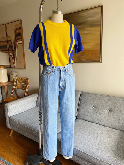 Vintage 70's Varsity Style Knit Top, Blue & Yellow, Cropped Blouse, M