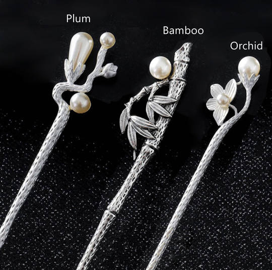 Retro Silver Hair Stick Fork Minimalist Pins Lotus Bun Holder With Pearls Plum/Bamboo Orchid