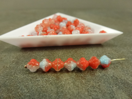 Tomato Red, Sky Blue Blend, Czech Glass Turbine Beads, 6mm, 50Pc, Etched Pressed Mulberry Saucer Rondelle