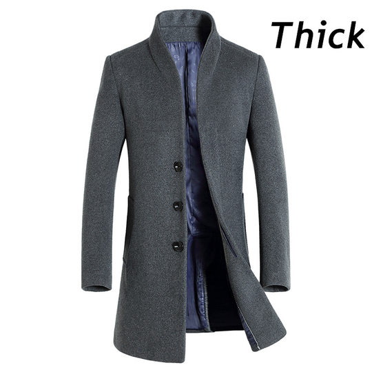 Winter New Men's Fine Wool Blend Solid Color Casual Business Stand Collar Woolen Coats / Male Slim Windbreaker Coat Men Jackets - grey thick, s