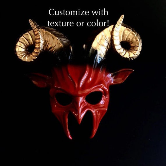 Mens Masquerade Mask, Ram Mythical Creature Faun Satyr Masks, Saten Halloween Evil Horn Mask