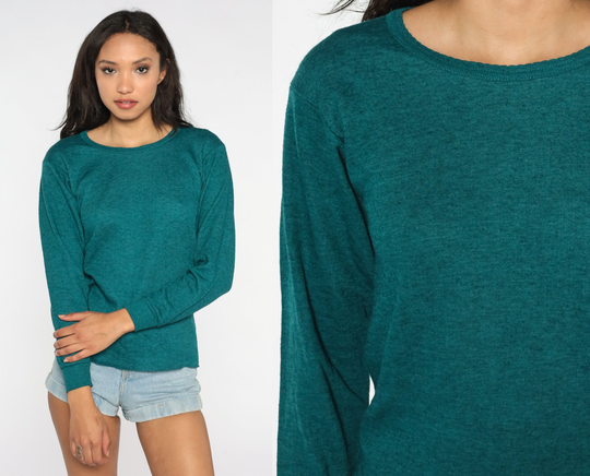 Long Sleeve Shirt Plain Knit Sweatshirt 80S Teal Wool Blend Retro 1980S Vintage Normcore Layering Basic Grunge Tight Fitted Minimal Medium M