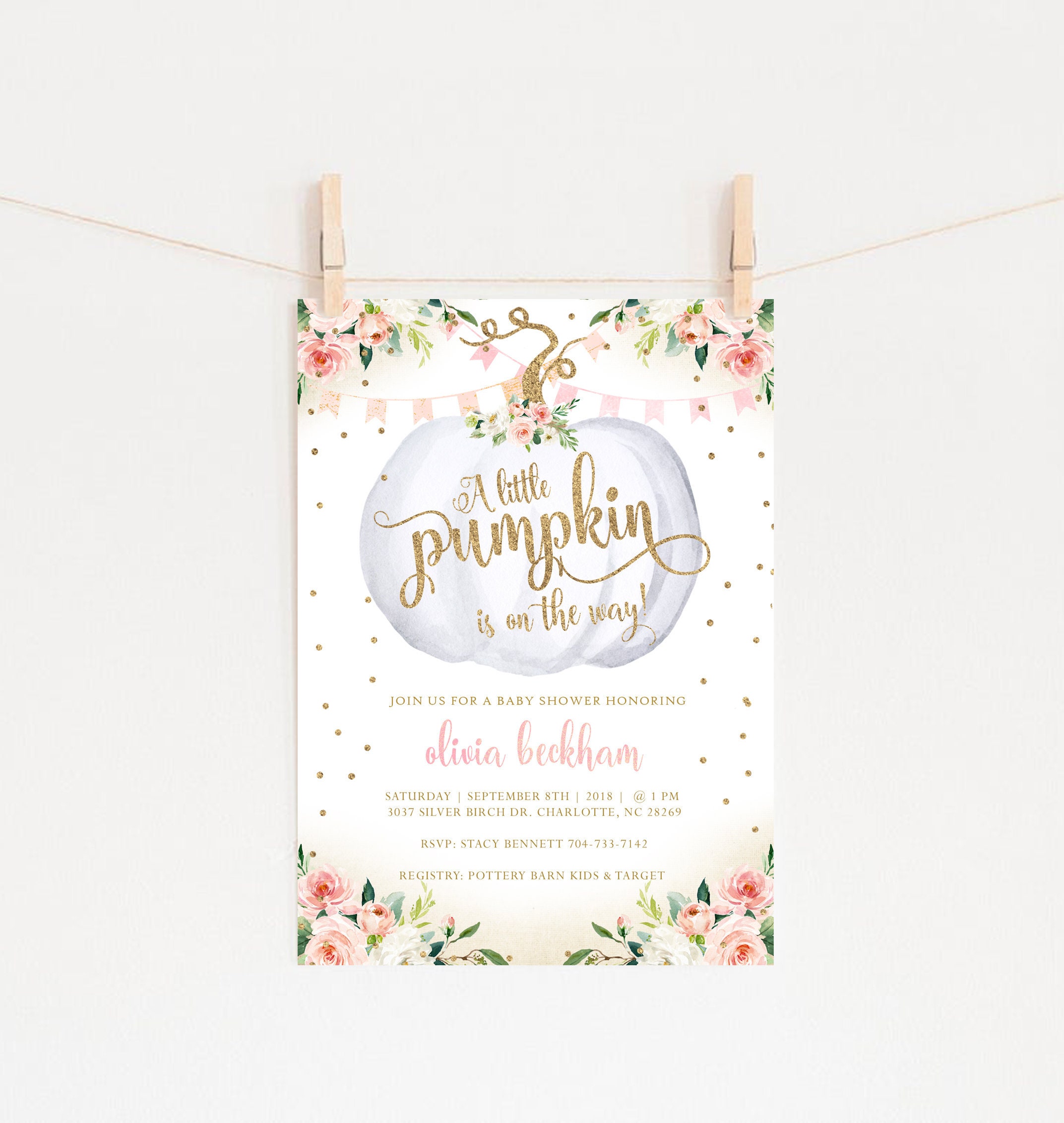 Pumpkin Baby Shower Invitation, Pink Pumpkin Fall Invitation, Pumpkin Little Invitation #31