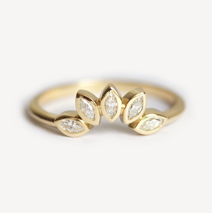 Mini Diamond Crown Ring, Wedding Band, Marquise Stacking Yellow Gold Ring