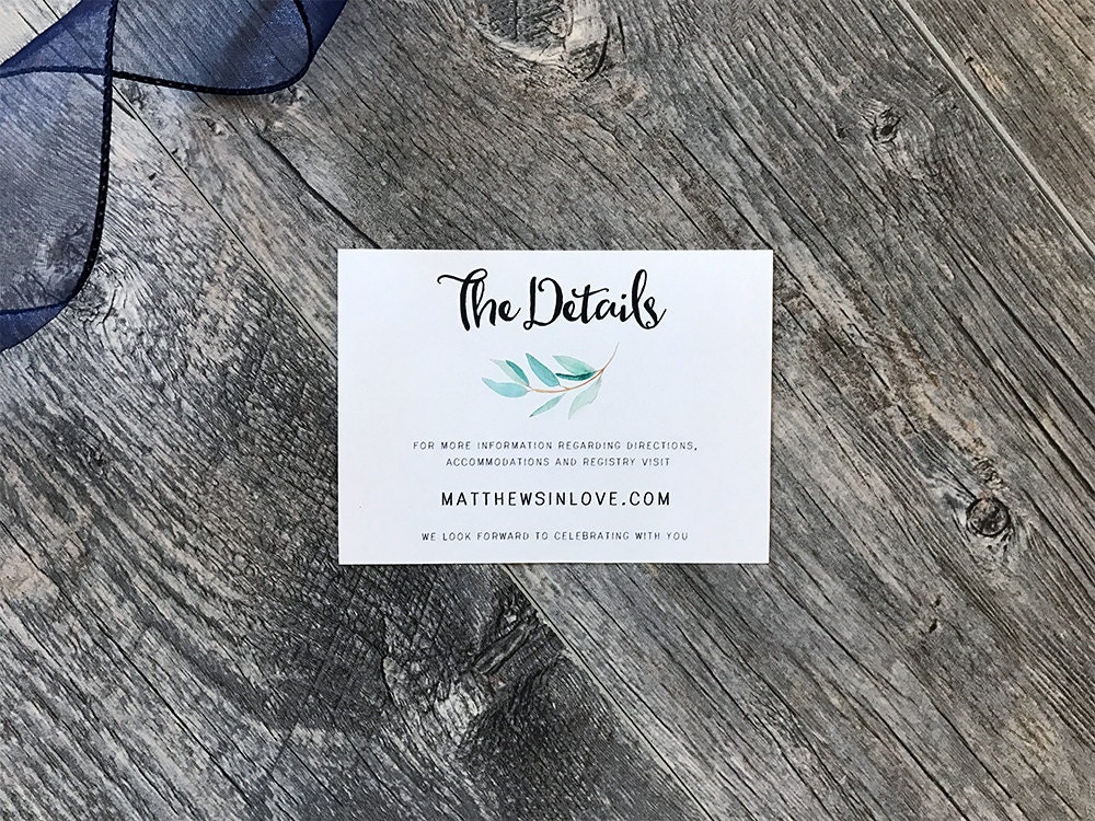 Garden Party Details Card | Floral Watercolor Wedding Eucalyptus Information Cards