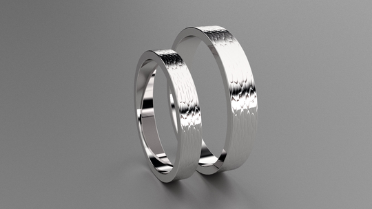 Silver Hammered 4mm & 3mm His & Hers Flat Wedding Bands, 925 Sterling Hammer Finish Minimalist Design Comfortable Ring