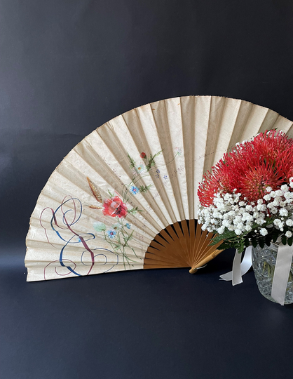Antique Large Satin Painted Hand Fan, Italian Signed Floral Victorian Poppies Folding 1893's