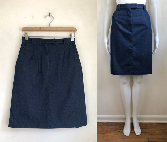 Vintage Chambray Skirt | 90S Blue Cotton Blend Straight Cut With Pockets Womens Size Xs 26" Waist