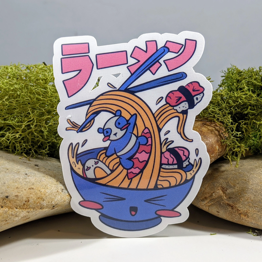 Ramen Surfing Panda Bear Waterproof Sticker | Foodie Japanese Food Funny Laptop