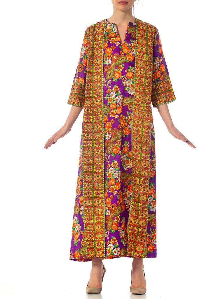 1970S Floral Purple Poly Blend Attached Kimono Kaftan