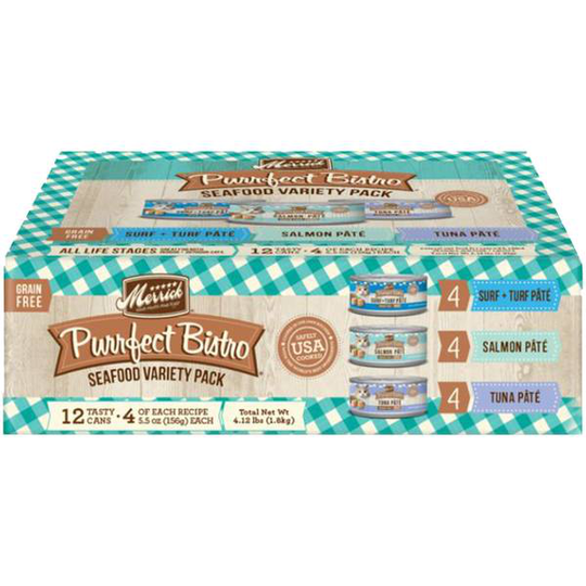 Merrick 12-Count 5.5 oz Purrfect Bistro Seafood Variety Pack Grain Free Wet Cat Food Recipes Pate