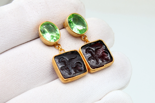 Peridot & Griffon Intaglio Stud Earrings Solid Silver 925K Sterling Minimalist Bridesmaid Handmade