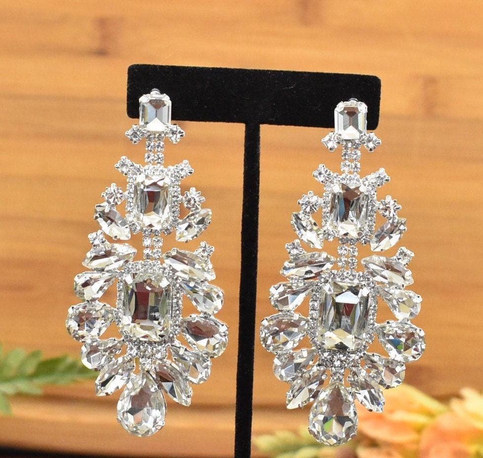 Pageant Prom Chandelier Dangle Earrings, Crystal Bridal Silver Long Costume Wide Huge Earrings