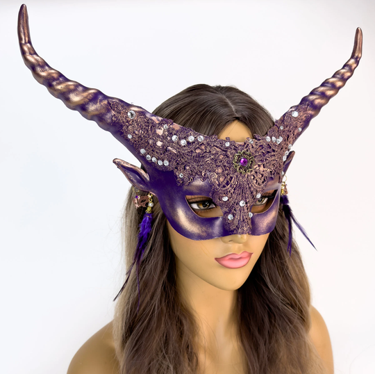 Purple Horns Halloween Masquerade Masks, Forest Fairy Antlers Ram Headband Mask, Costume Feather Earrings, Cosplay