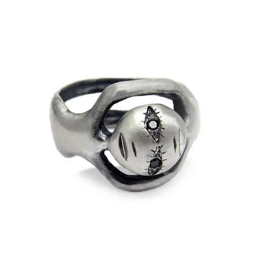 Twin Ring, Oxidised Silver With Black Diamond Eyes, Unisex Face Ring