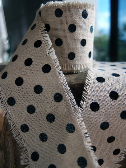 2" X 5Yard Black Polka Dot Linen Blend Ribbon With Fringe Edges, Polyester Ribbon, For Wreaths, Packaging