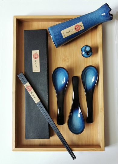Japanese Blue Ceramic Spoon Set. Ceramic Soup Spoon. Dessert Spoons. Tableware, Soy Sauce Bottle. Chopsticks Set