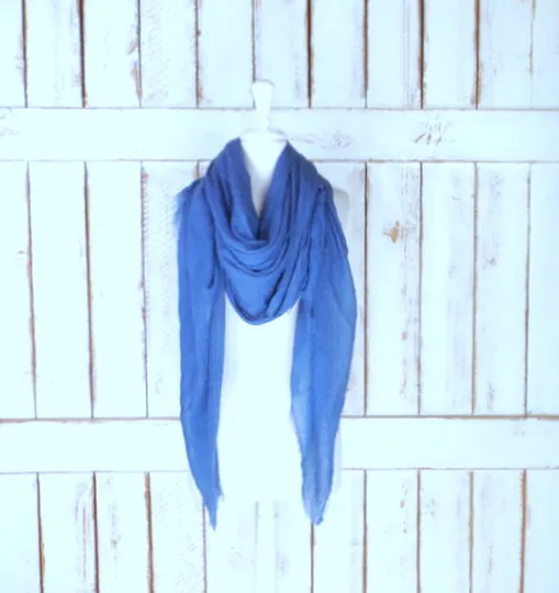 Blue Gauzy Crinkled Cotton Blend Wrap Shawl Scarf/Handmade Oversized Lightweight Blue Scarf/Unisex Raw Hem Fringe Scarf/Blanket Travel Scarf