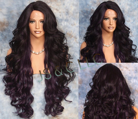 38" Human Hair Blend Purple Black Hand Tied Full Lace Front Wig Curly Side Part Heat Ok Cancer/Alopeica/Cosplay