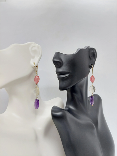 Amethyst/Lemon Quartz/ Pink Quartz Lever Back 14K Yellow Gold Dangle Earrings/ Wire-Wrapped Long Earrings/Solid Earring