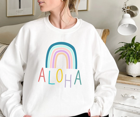 Aloha Rainbow Crewneck Hoodie/Hawaiian Sweat Shirt/Colorful Cute Shirt/Cute Gift/Holiday Gift/Birthday Gift/Vacation Shirt/Unique Gift