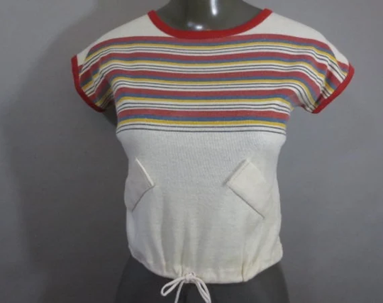 Vintage 1960's Crop Top, Knit Pullover, Drawstring, Raglan Sleeves, Stripes, Faux Pockets On Front, Slight Fading & Piling, Cotton Blend