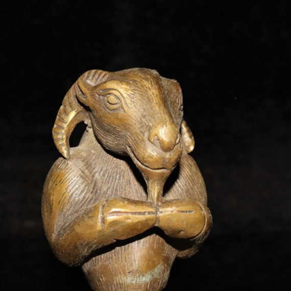 Crutch Head Cane Brass Brozen Antique Vintage Chinese Old Collection Sheep Ram Horn Animal