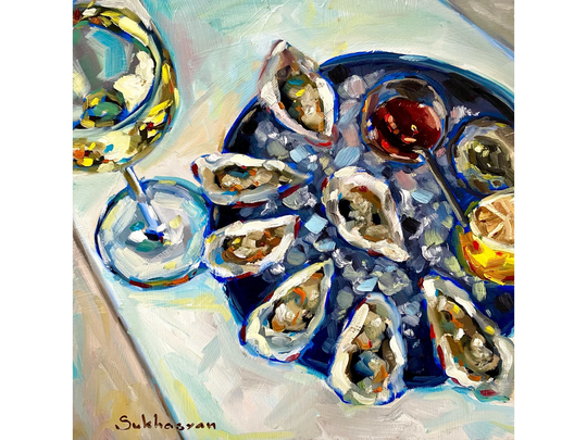 Archival Giclée Print Of The Original Oil Painting On Wood Panel Still Life With Wine & Oysters By Victoria Sukhasyan