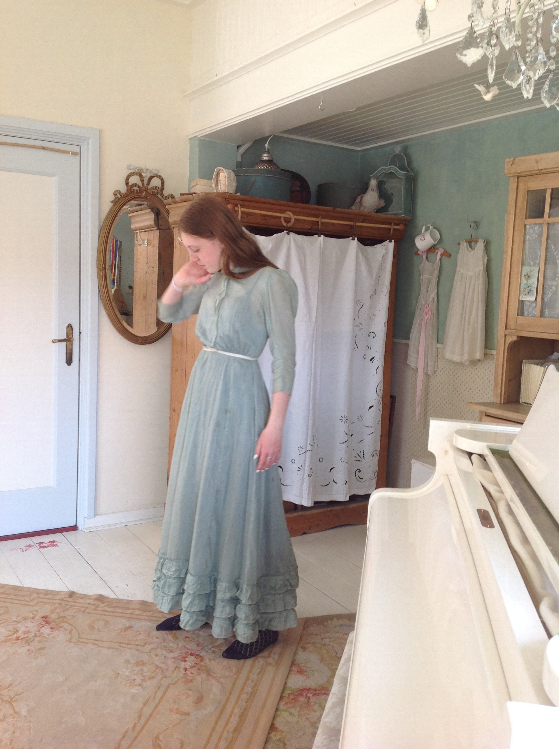 1900S Green Dress, Silk/Cotton Blend