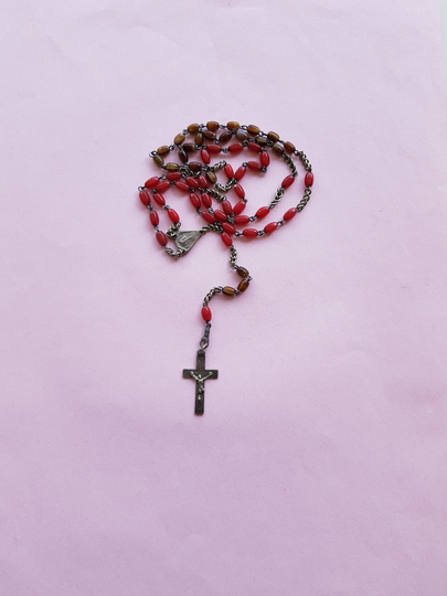 Religious Antique French Catholic Rosary With Red & Brown Glass Beads A Silver Plated Crucifix Jesus Christ