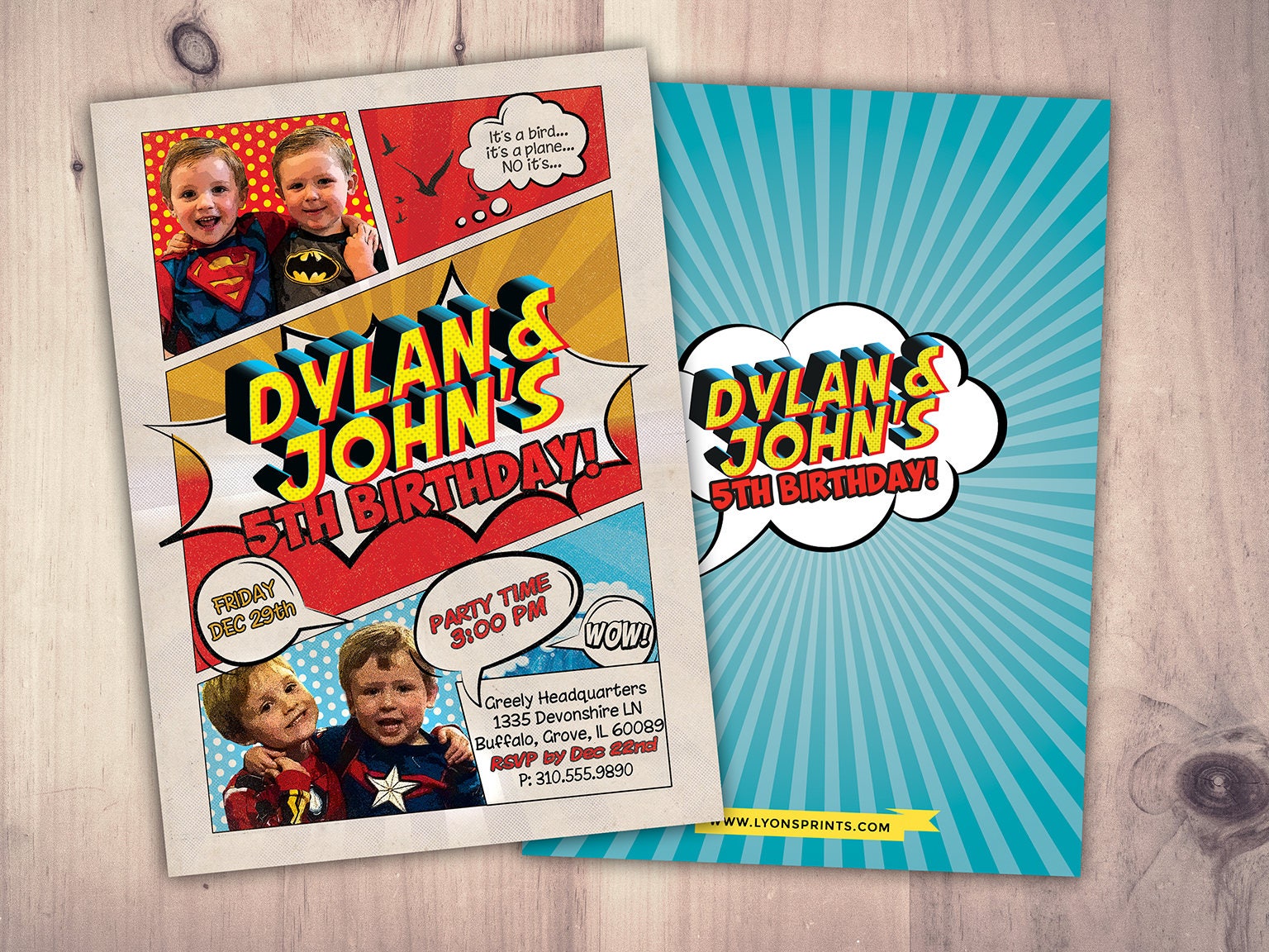 Twins, Superhero Invitation/Birthday Invite - Diy Superhero Party Printable, Sleepover Party, Comic, Boy Birthday, Hero