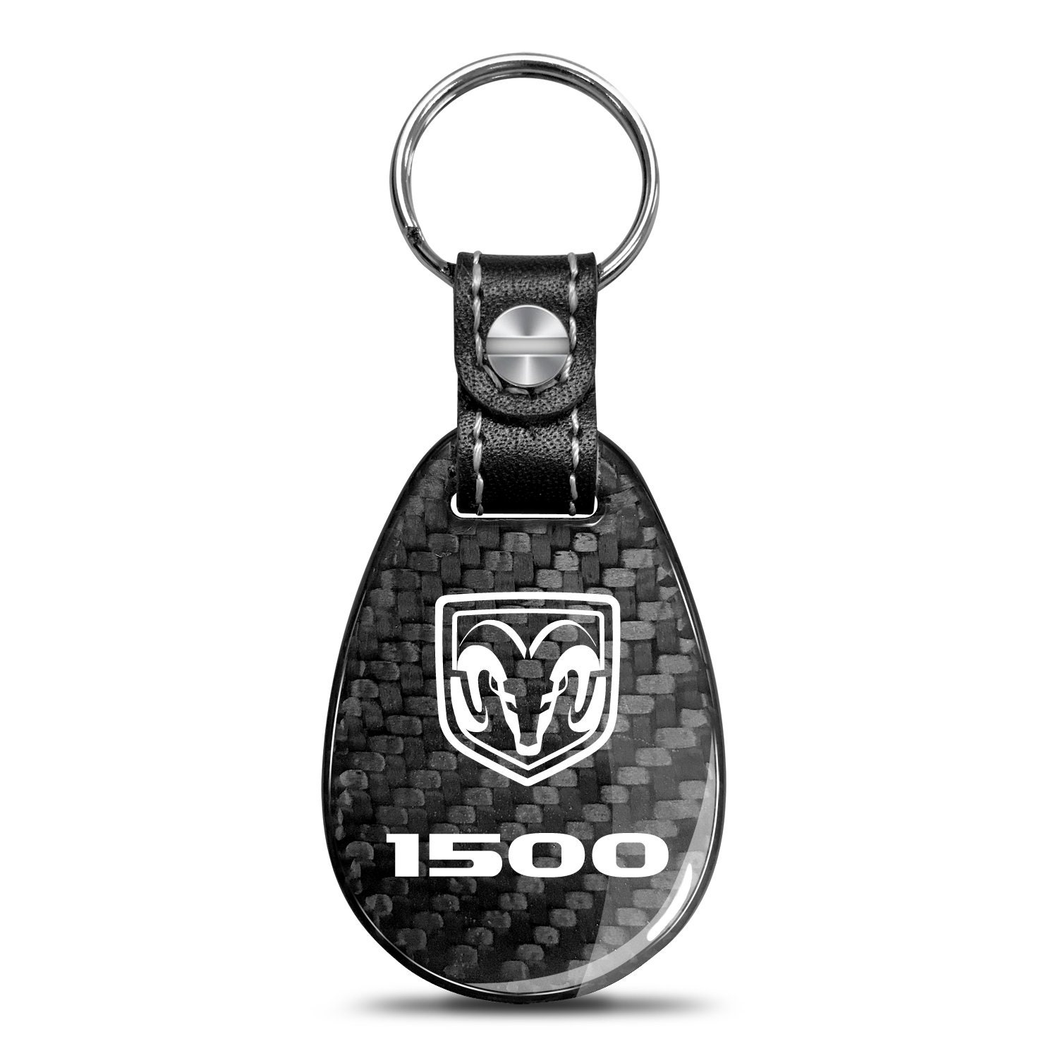 Ram 1500 Logo Real Black Carbon Fiber With Leather Strap Large Tear Drop Key Chain