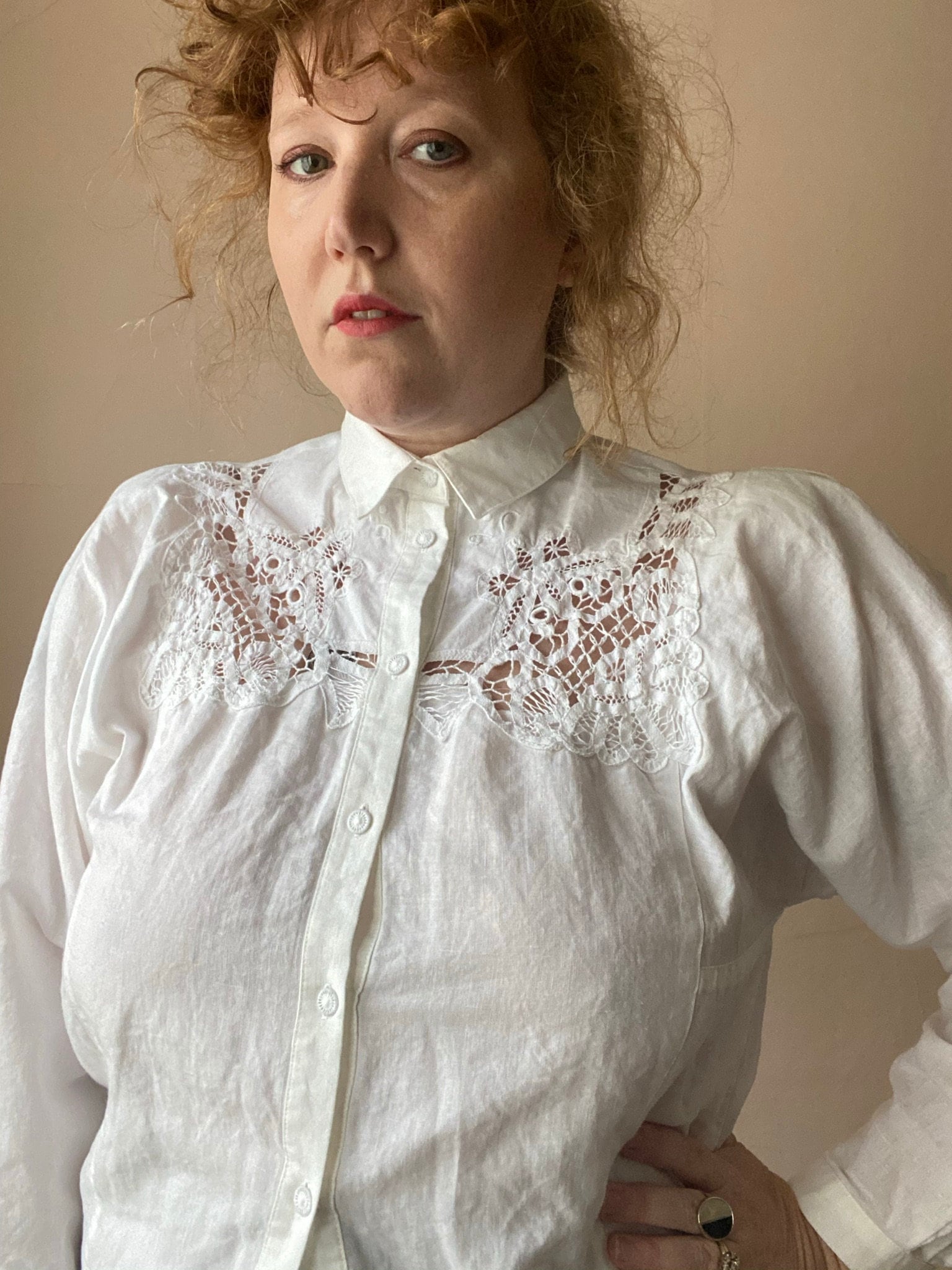 80S Cotton Blend White Blouse With Eyelet Lace Cutout Cottagecore Size M/L