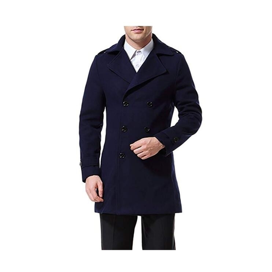 Men's Trenchcoat Double Breasted Overcoat Pea Coat Classic Wool Blend Slim Fit - Blue, S