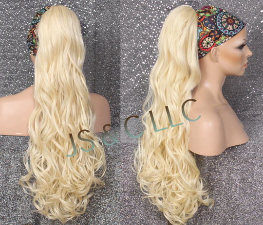 Pale Blonde Human Hair Blend Ponytail Piece Drawstring Ex Long Wavy/Curly Simply Put It On & Go Can Be Wrapped Around As A Bun