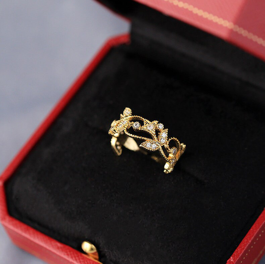 14K Gold Plated Floral Korean Ring Leaf With Aaa Cubic Zircon Crystals Gift For Her Wedding Band Adjustable Size Anniversary Engagement