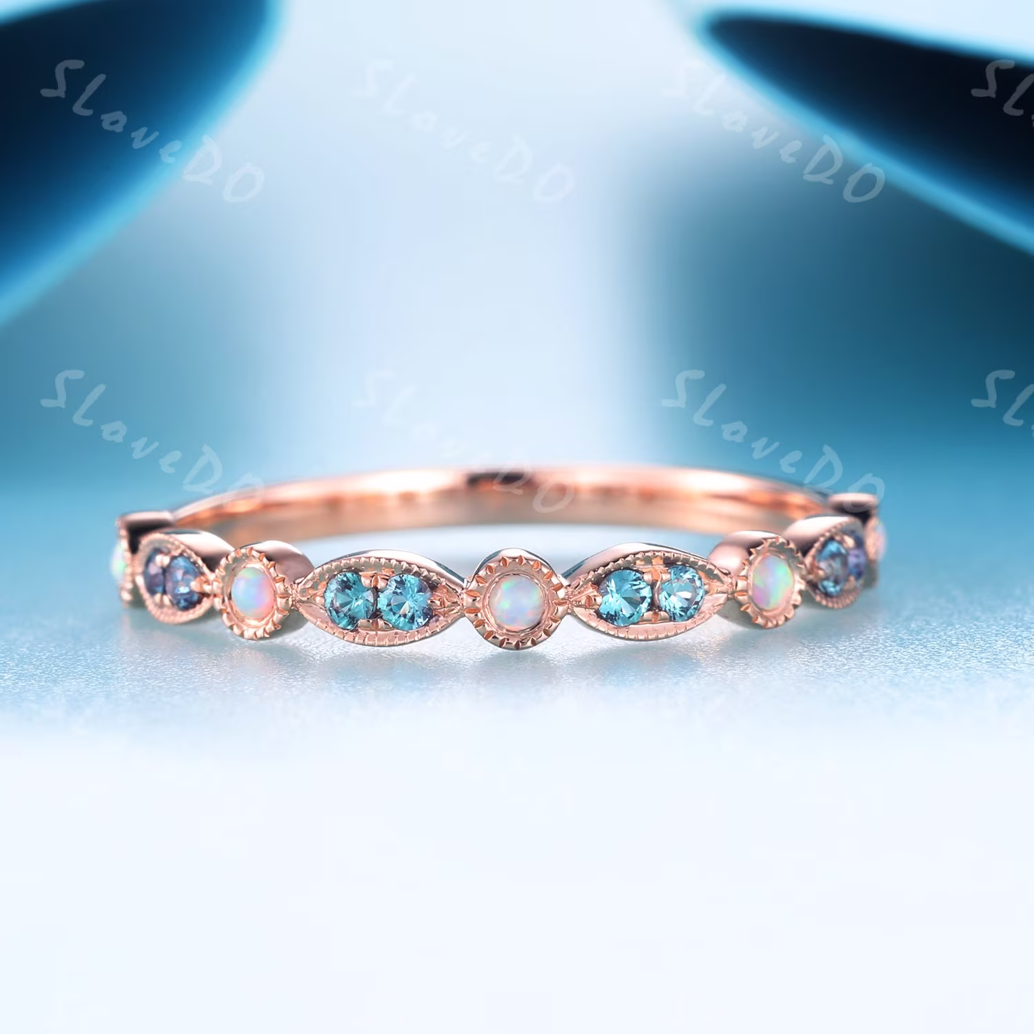 14K Rose Gold Rings Opal & Alexandrite Half Eternity Band Anniversary Gift Matching Stacking Ring Art Deco Promise