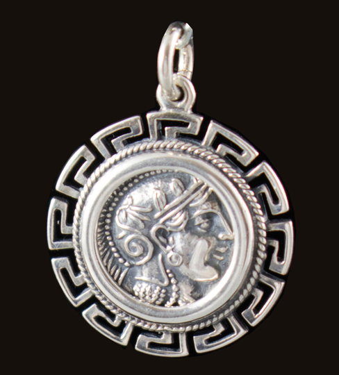 Athena Tetradrachm Silver Pendant in A Meander Frame-Goddess Athena-Owl Symbol Of Wisdom, Knowledge & Intelligence-Ancient Greek Coin-Copy