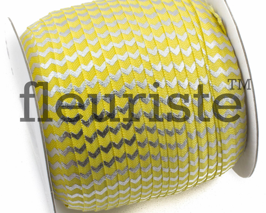 Fold Over Elastic, Foe, Foldover Elastic By The Yard, 5/8 Printed Wholesale Yellow Silver Chevron