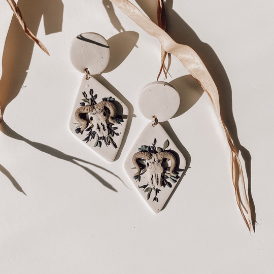 The Zodiac Collection | Aries Ram Skull Handmade Polymer Clay Earrings Nickel Free Hypoallergenic