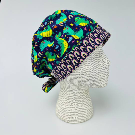 Scrub Hat By Kimkaps Surgical Tie Back Cap Purple Green Rainbows Dragons