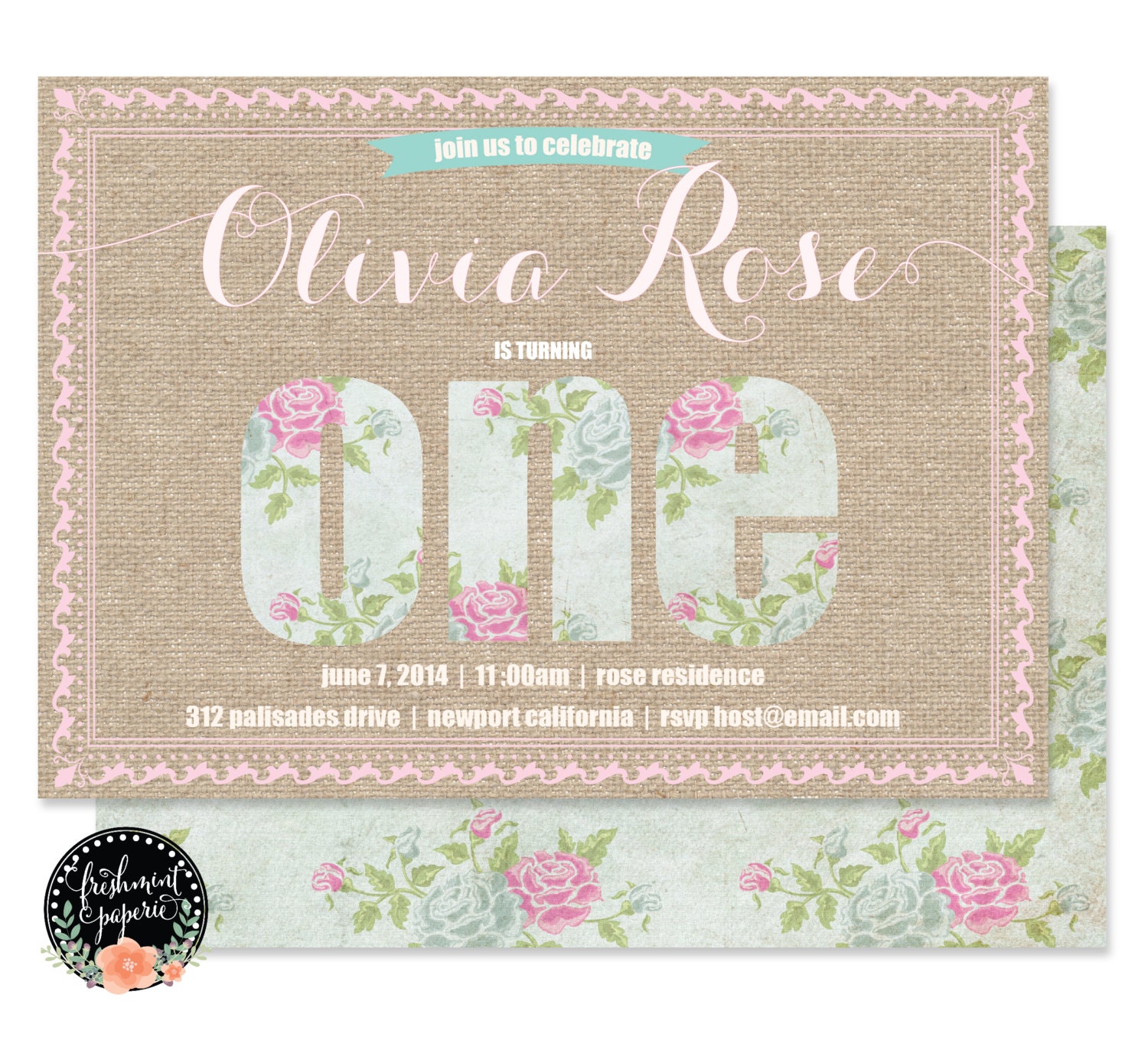 Shabby Chic Girls Birthday Invitation - Vintage Birthday Invitation Shabby Chic Floral First Girly Invitati