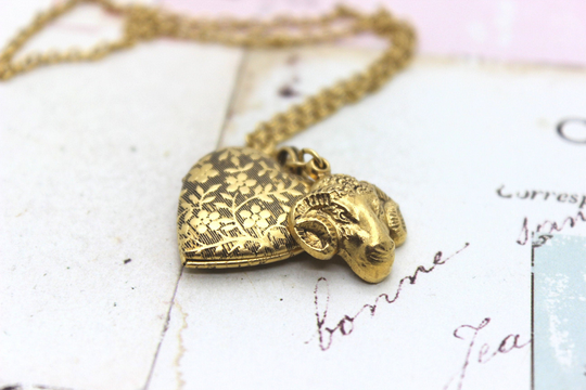 Ram. Flower Heart. Locket Necklace. Gold Ox Jewelry Sheep