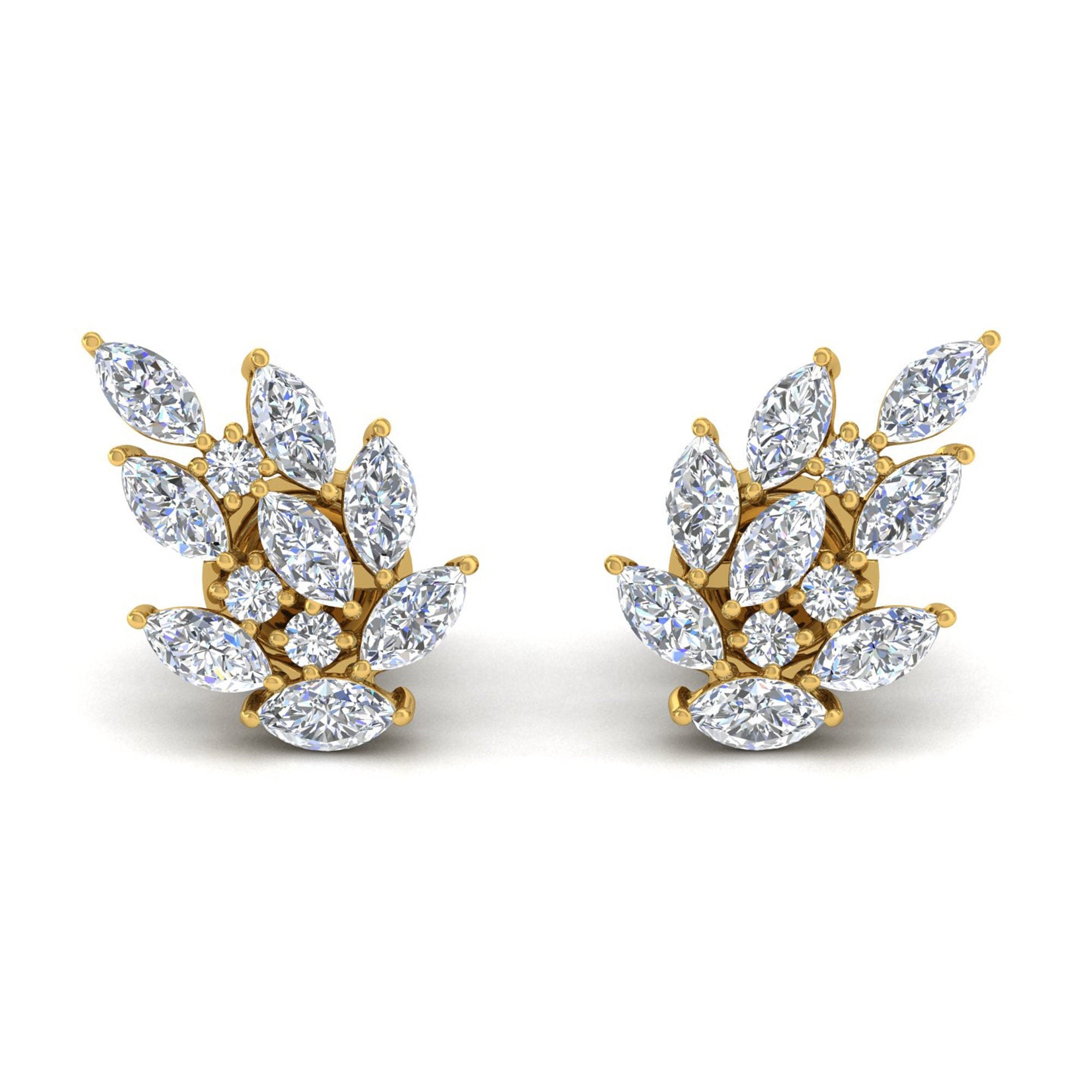 14K White Gold Earring Studs, 3.1Ct Natural Marquise & Round Diamond Designer Leaf Stud Earrings, Handmade Fine Jewelry, Gift For Her