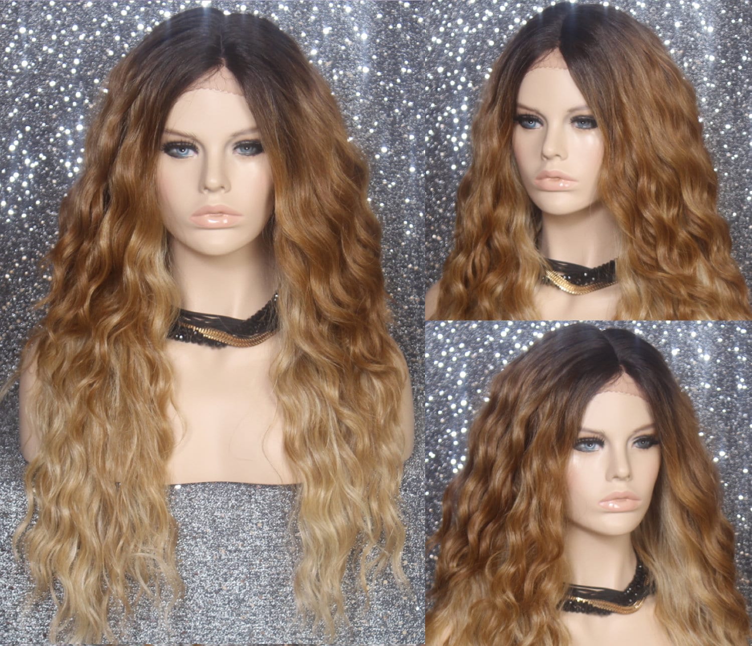 Human Hair Blend Lace Front Wig Ombre Carmel Brown Blonde Long Wavy Center Hand Tied Part Cancer Alopecia Theataer Club Cosplay