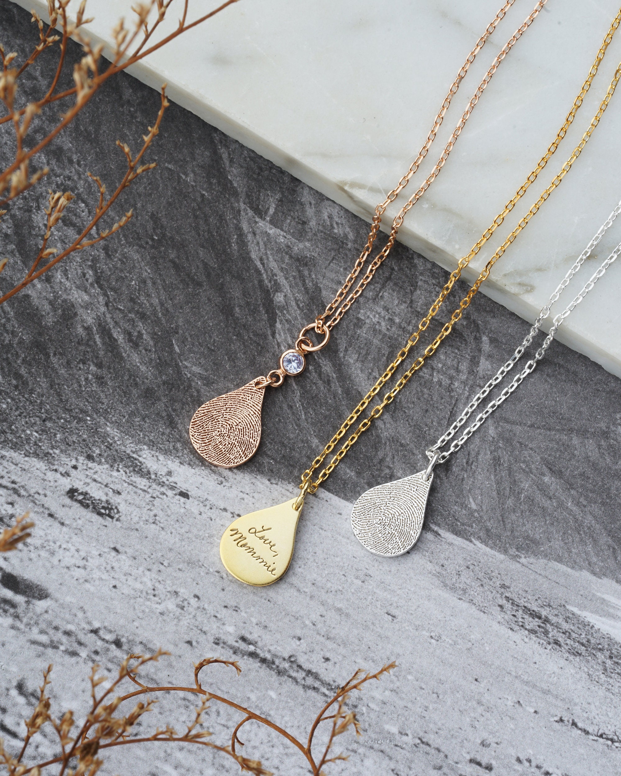 Tear Drop Fingerprint Necklace | Handwriting Memorial Signature Thumbprint Remembrance