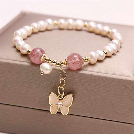 Pearl Bracelet For Women, Strawberry Crystal With Butterfly Charm Girls