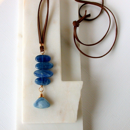 Kyanite Stack & Blue Opal Pendant. Polished Rock Boho Leather Stone Necklace